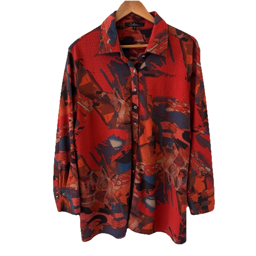 Calessa Abstract Button Up Top Womens 1X Boho‎ Artsy Lagenlook Maximalist